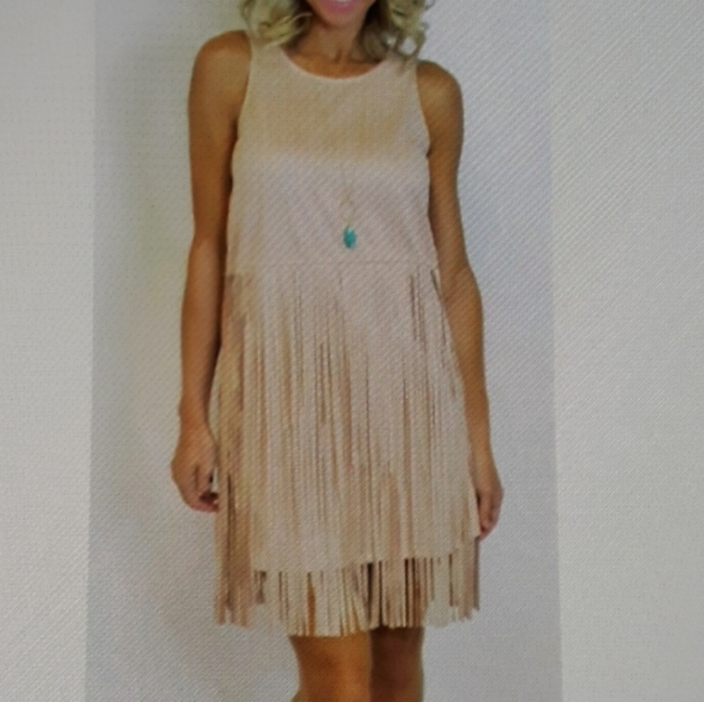 Loveriche Pink Fringe Faux Suede Sleeveless Dress